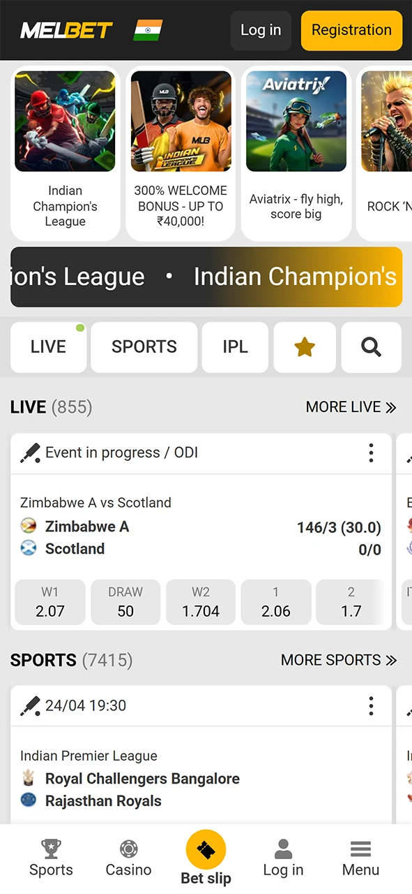 Main page of the Melbet platform.