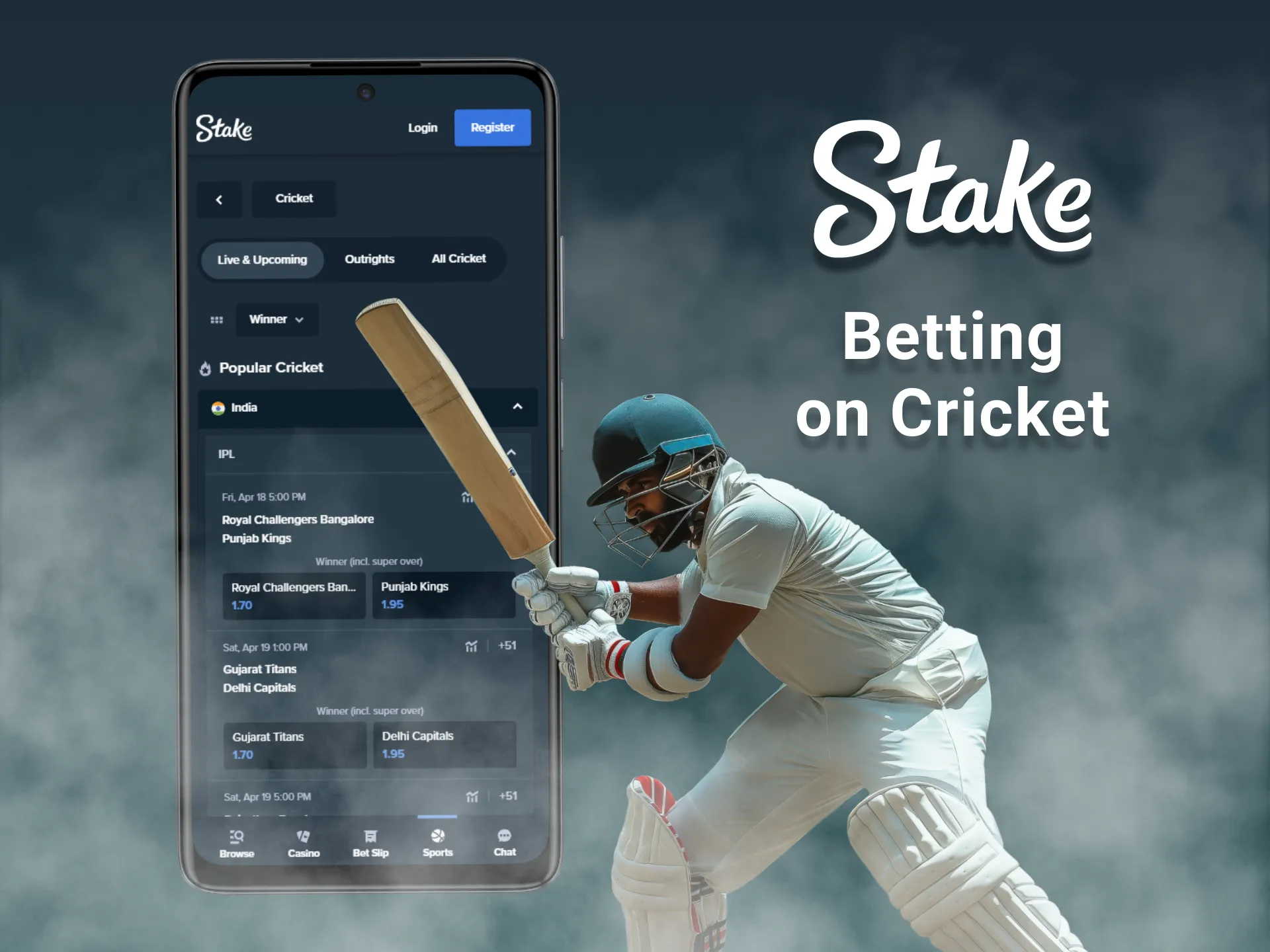 Place your bets on cricket matches via the Stake India app.