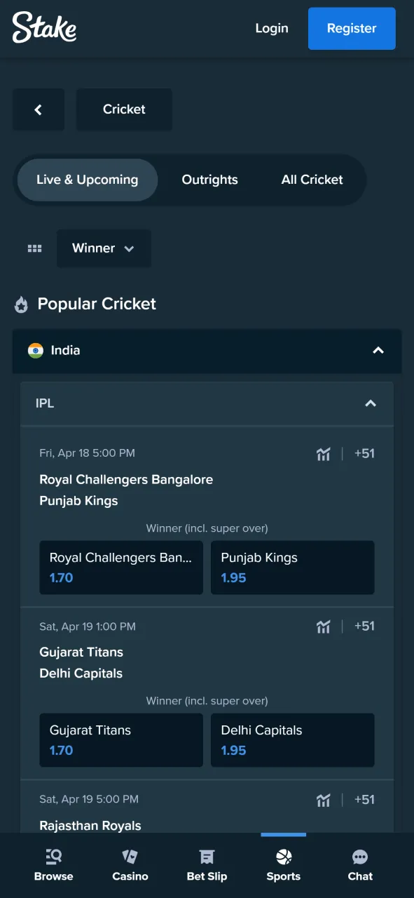 Enjoy cricket betting with top odds on the Stake India app.