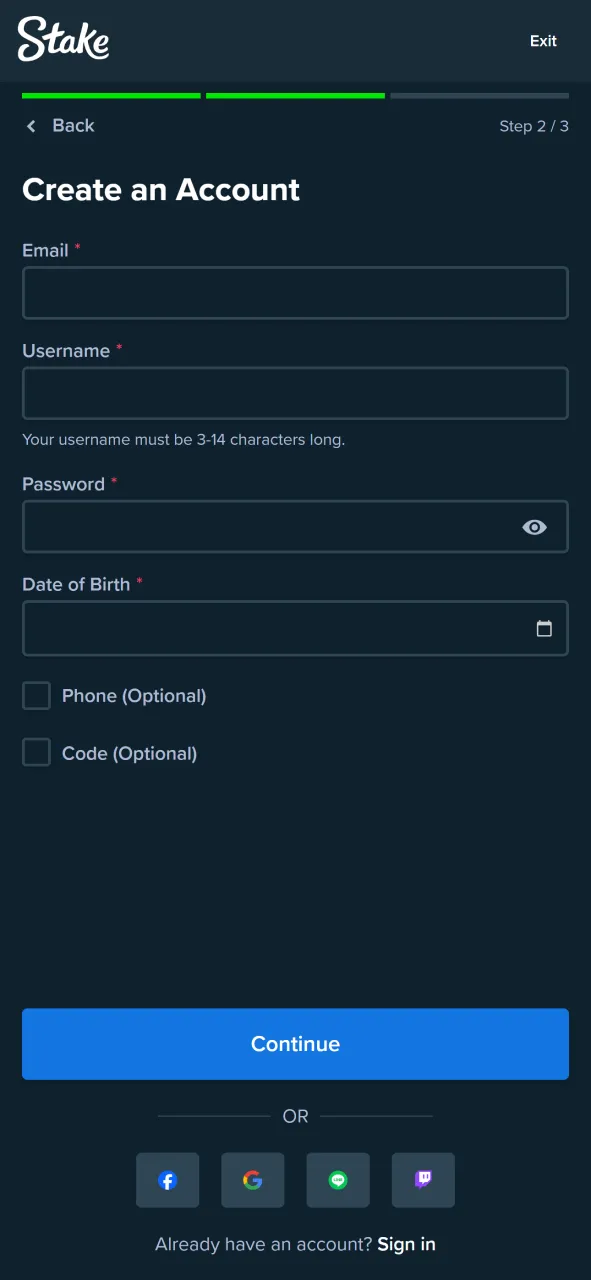 Register quickly and easily on the Stake app to begin playing.