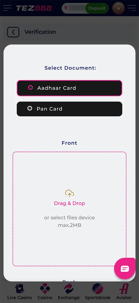 Upload a photo of your ID, passport or driver's license to Tez888.