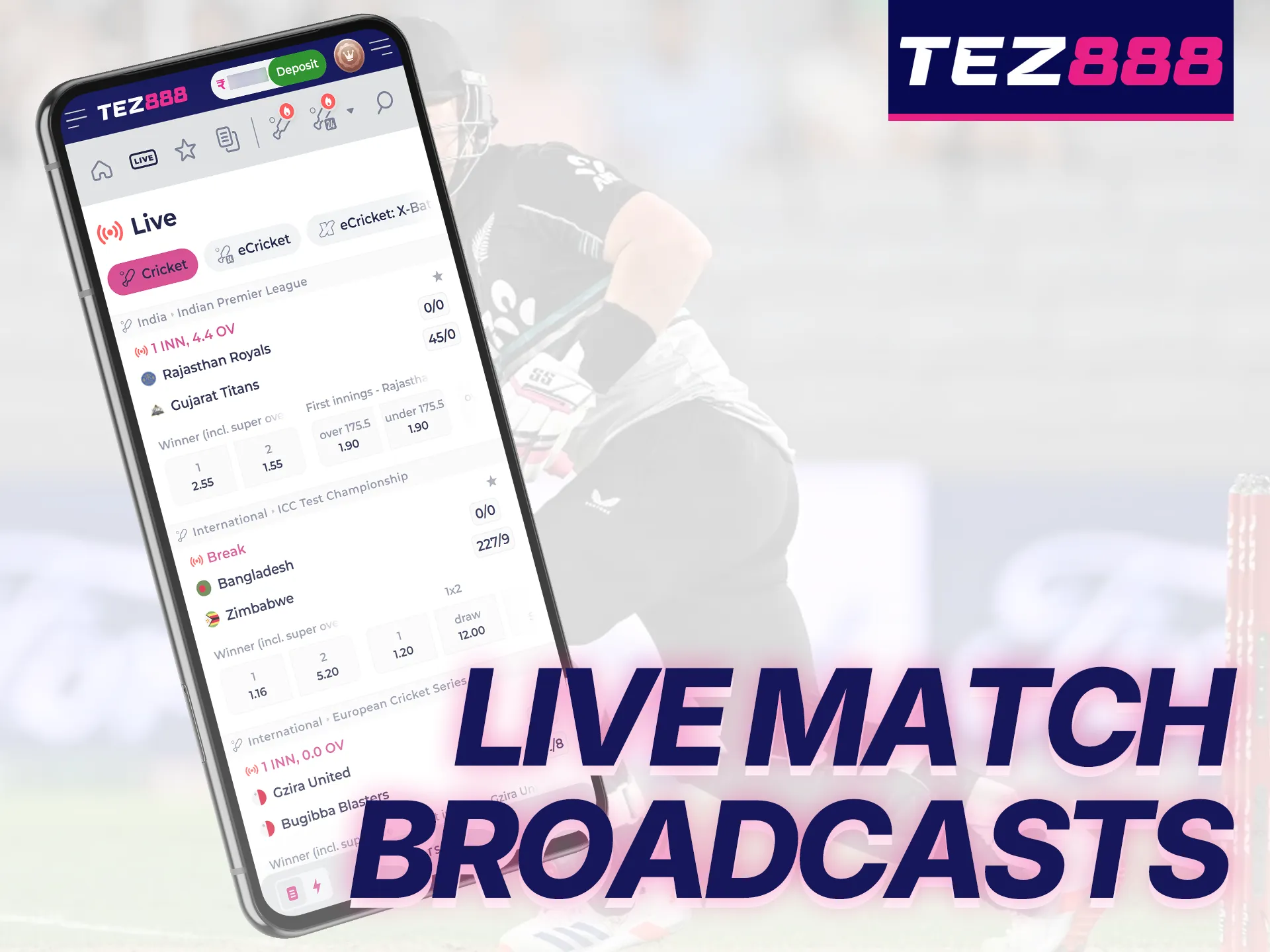 Watch live sports and cricket matches on the Tez888 app.