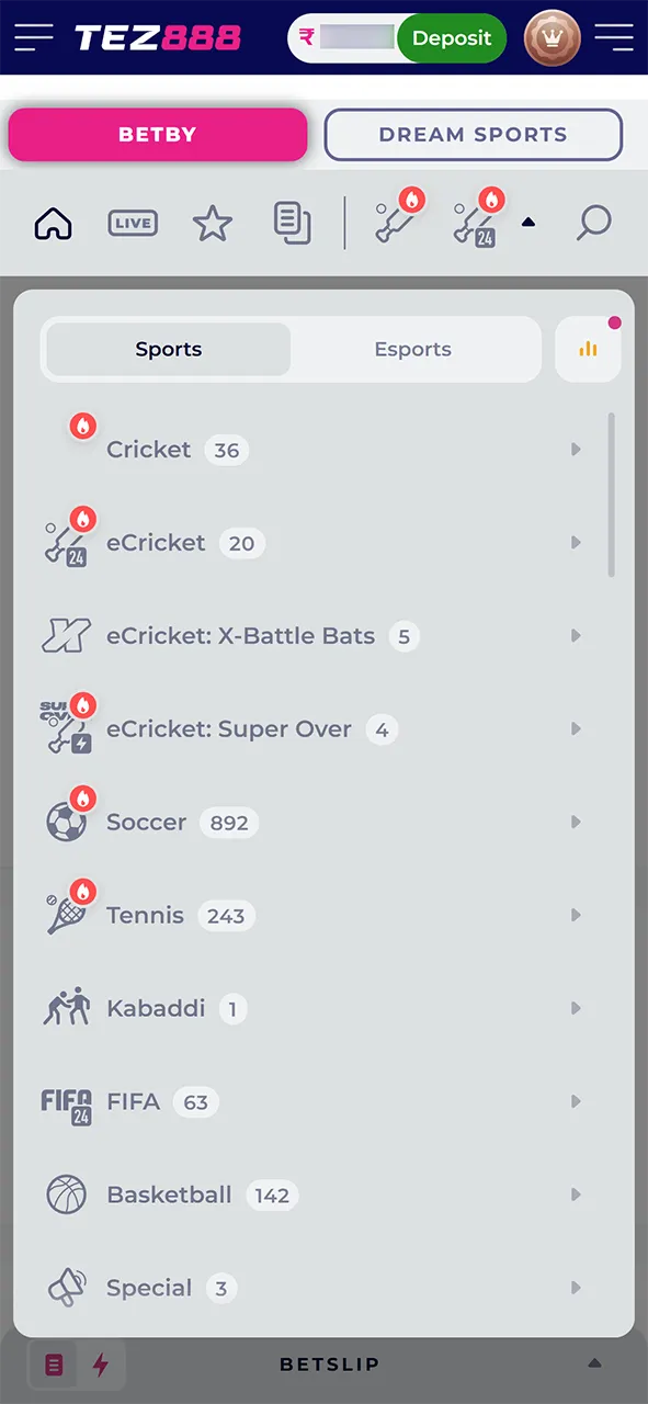 The sports betting section of the Tez888 app.