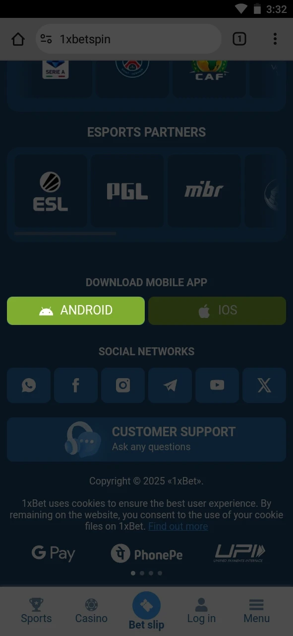 Find the download button for the 1xBet app on the official website.