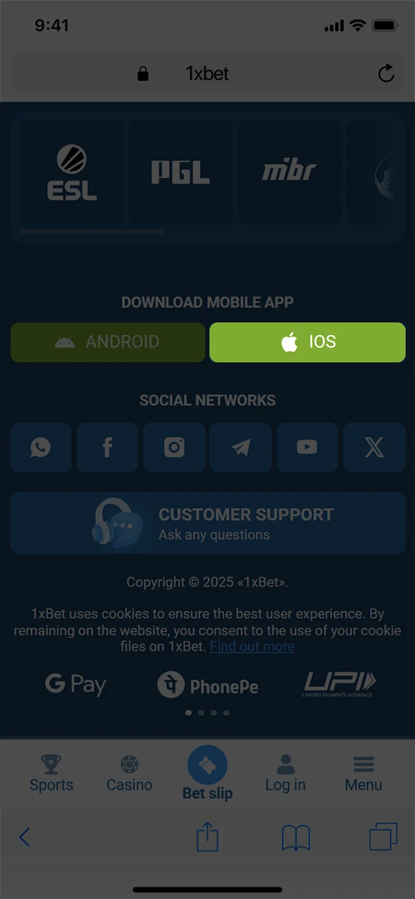 Click on the download button for the iOS version of the 1xBet app.