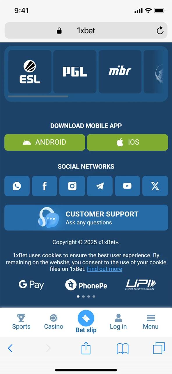 Find the download button for the 1xBet app for iOS.