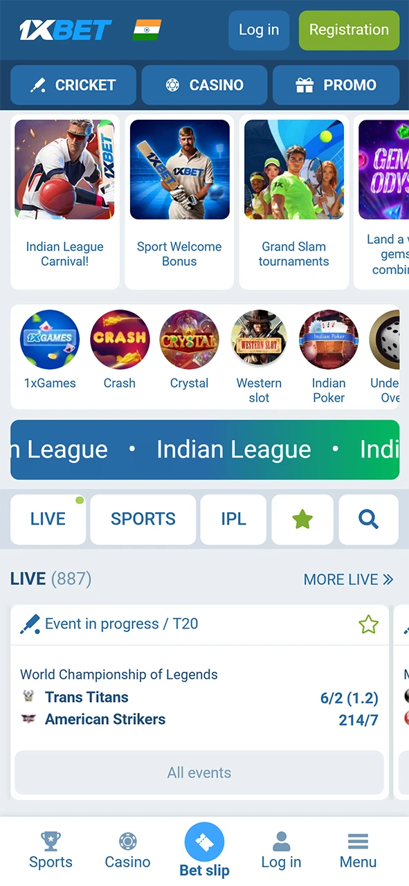 Home page of the 1xBet app.