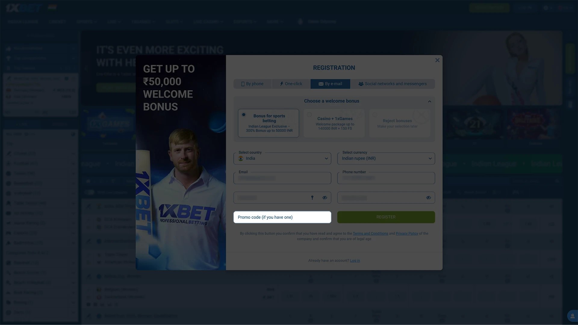 Use promo code when signing up on 1xBet.