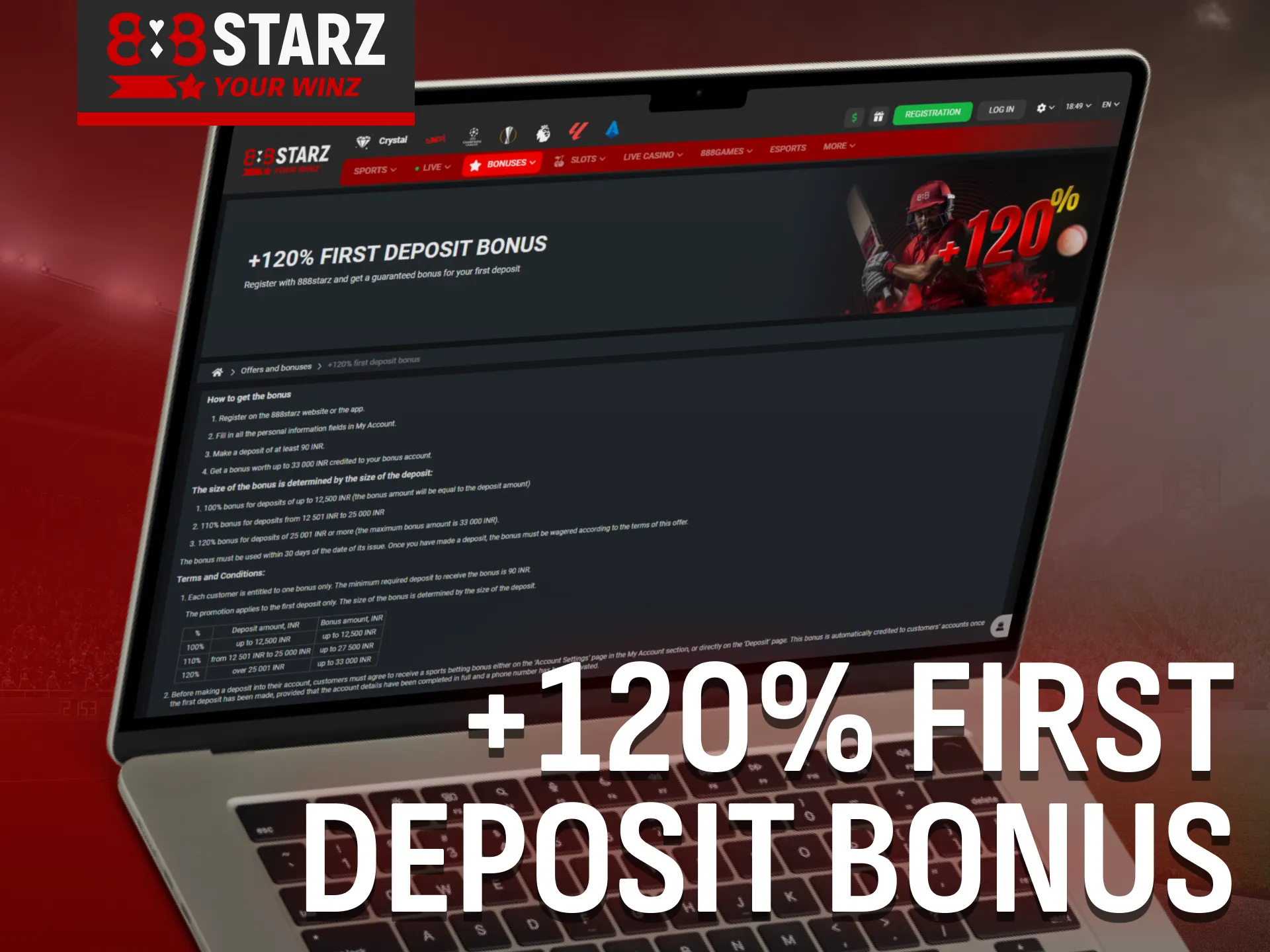 Get a 120% first deposit bonus at 888Starz India.