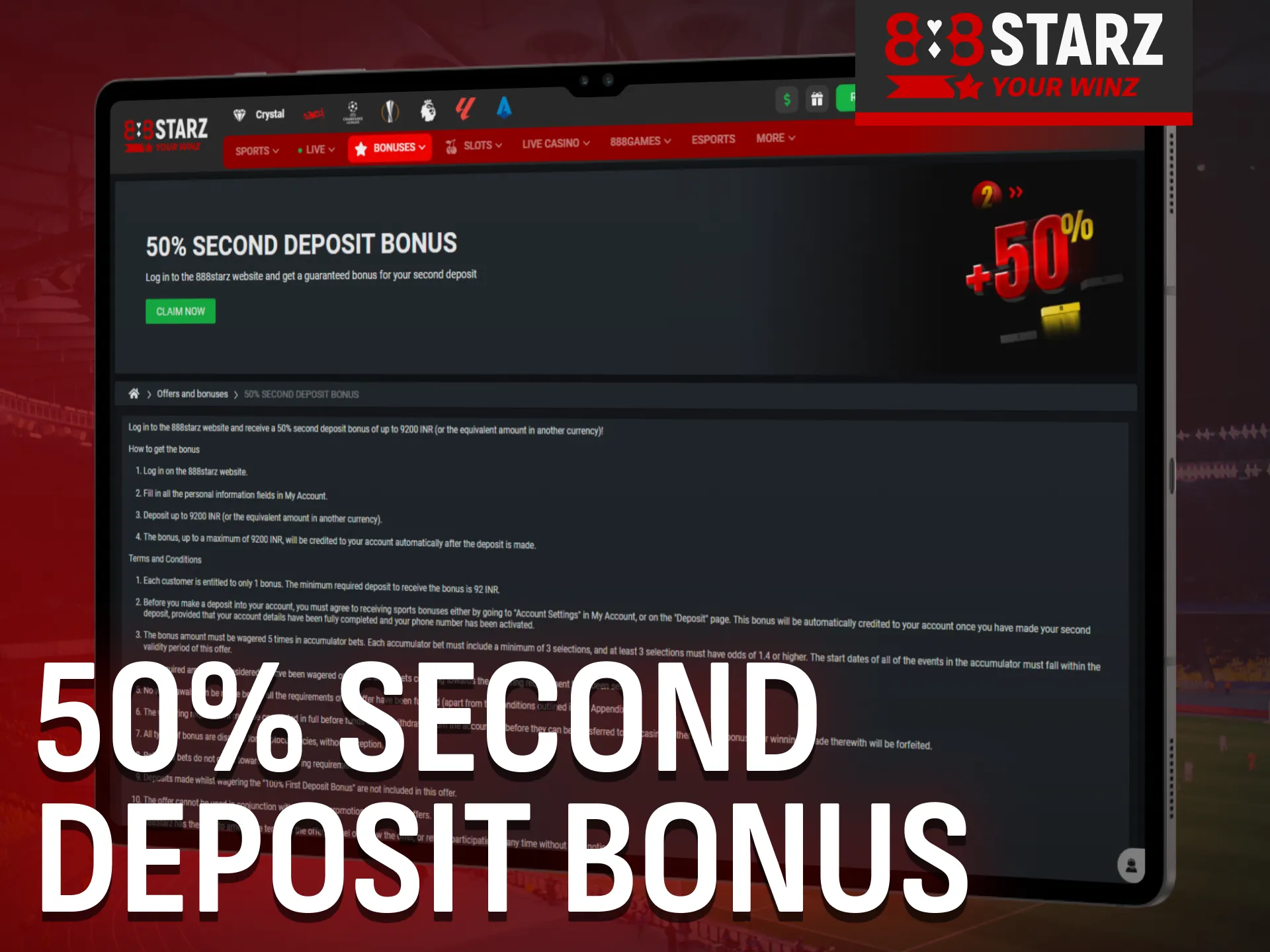 Enjoy a 50% second deposit bonus from 888Starz.