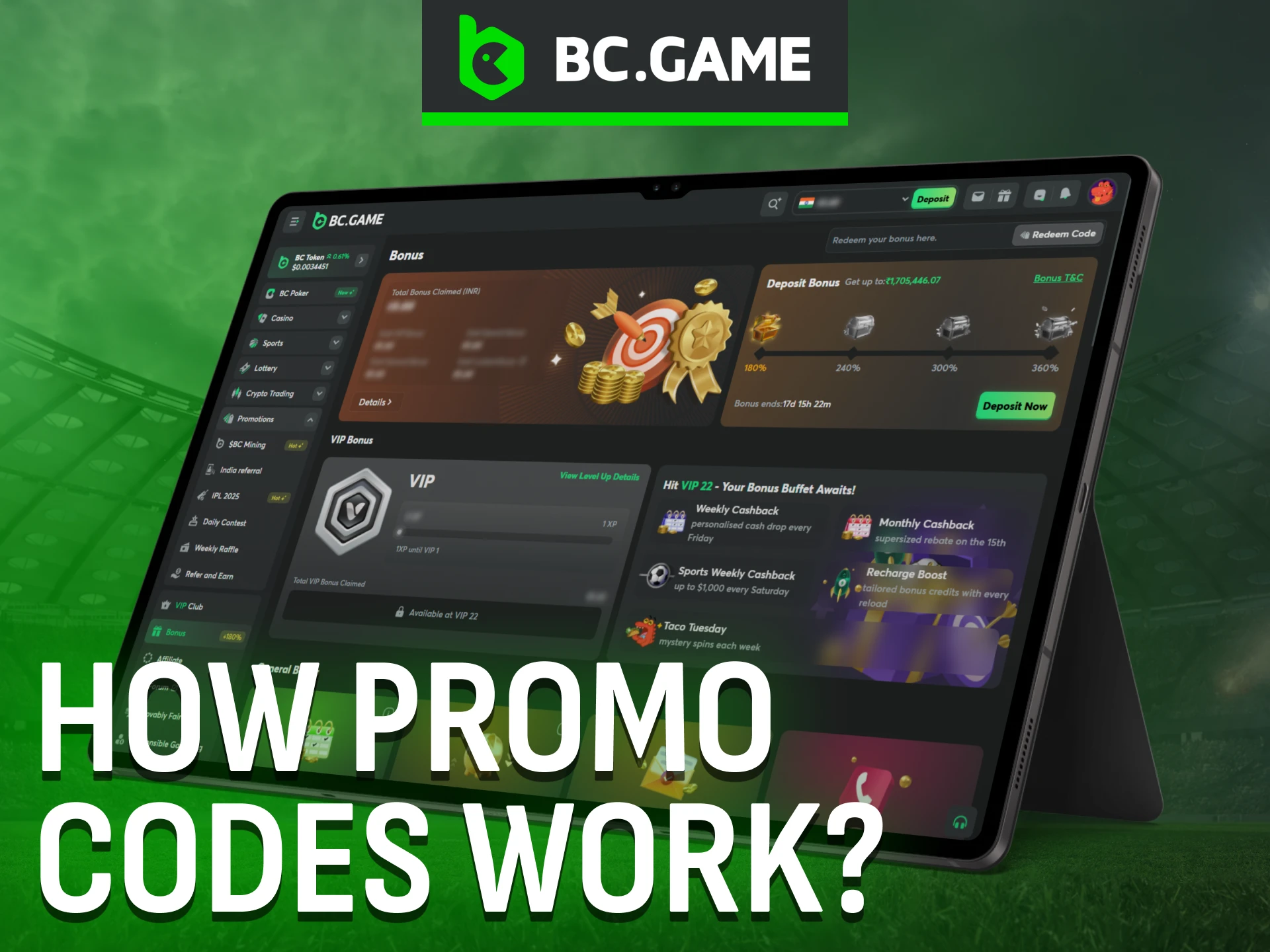 BC Game explains how promo codes can activate different bonuses.