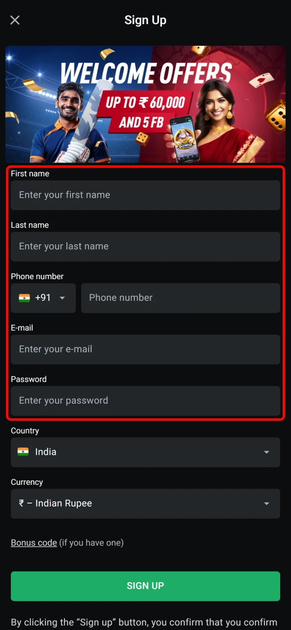 Enter your personal information to create a Leon Bet app account.