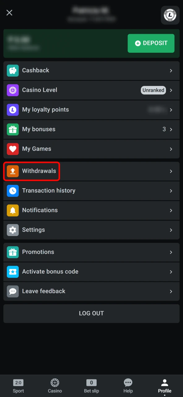 Click withdraw in the Leon Bet app to start the transaction.