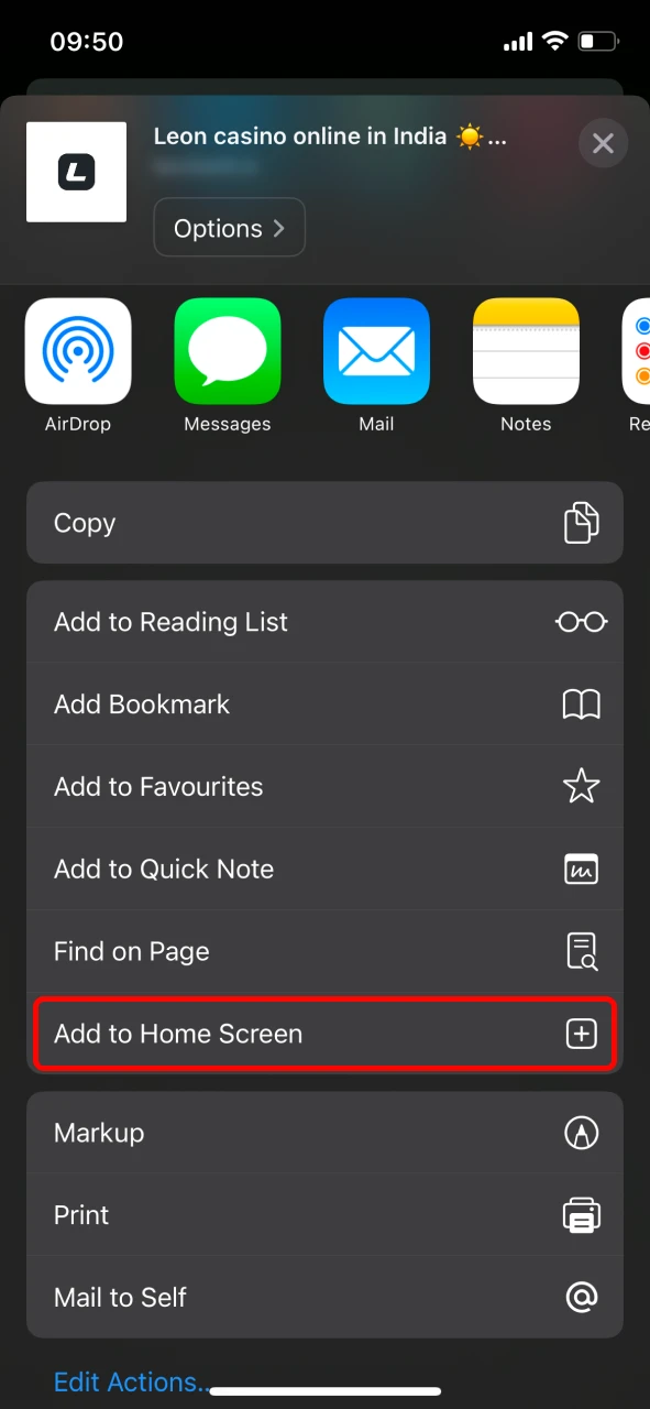 Select the add to home screen option for quick Leon Bet access.