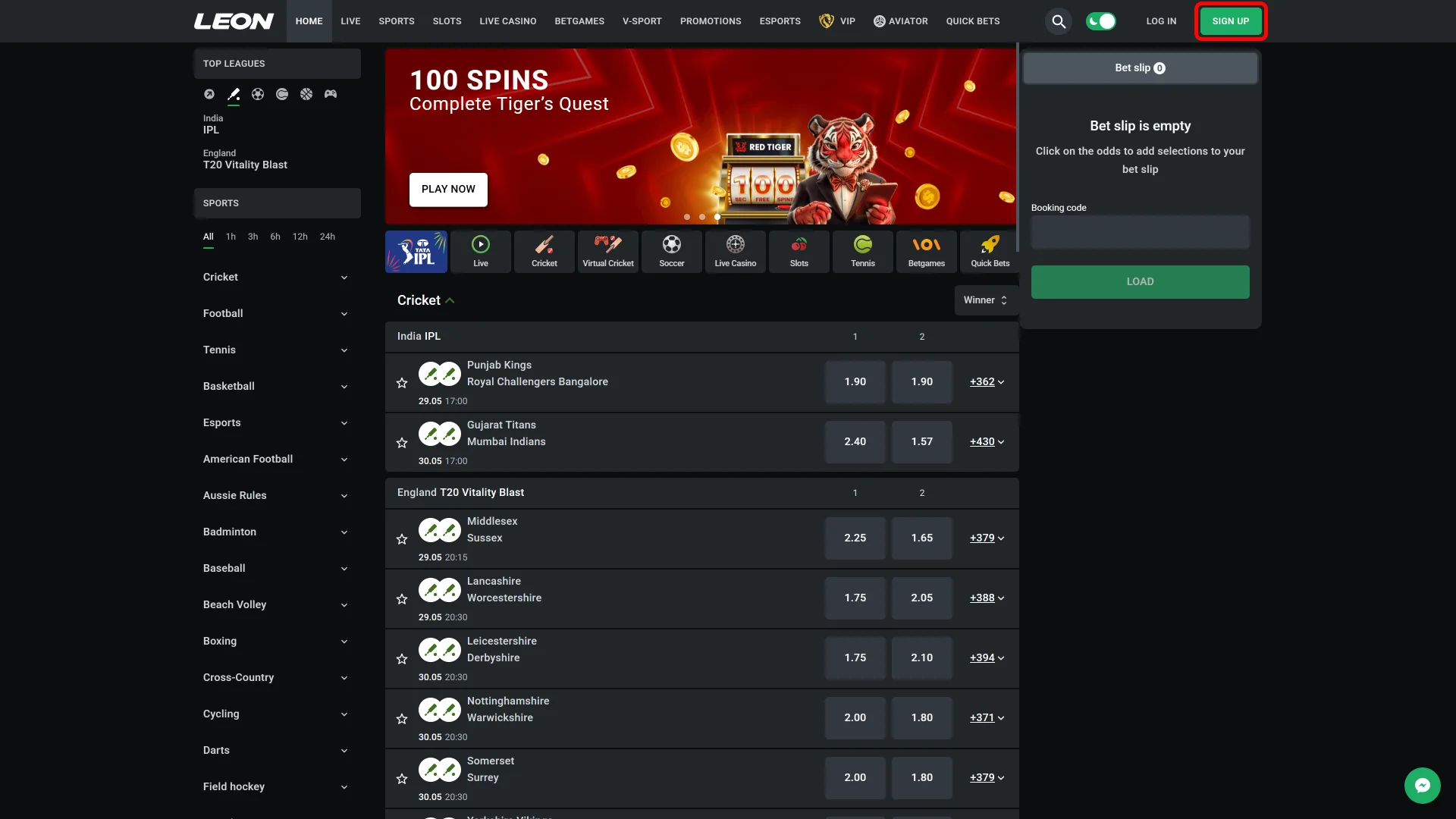 Find the register button to create your Leon Bet account.