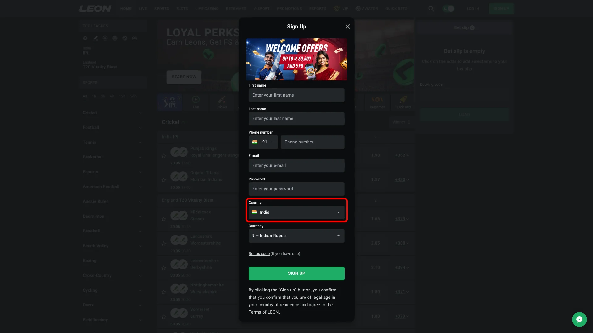 Provide your birthdate and location for Leon Bet registration.