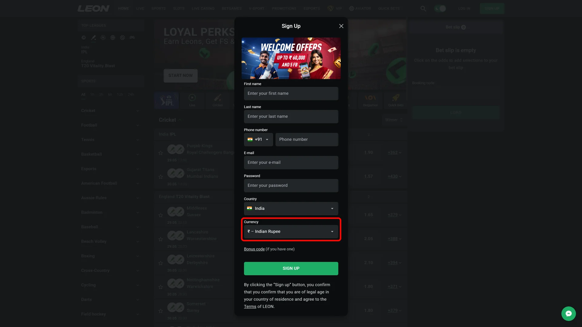 Select your currency while signing up at Leon Bet India.