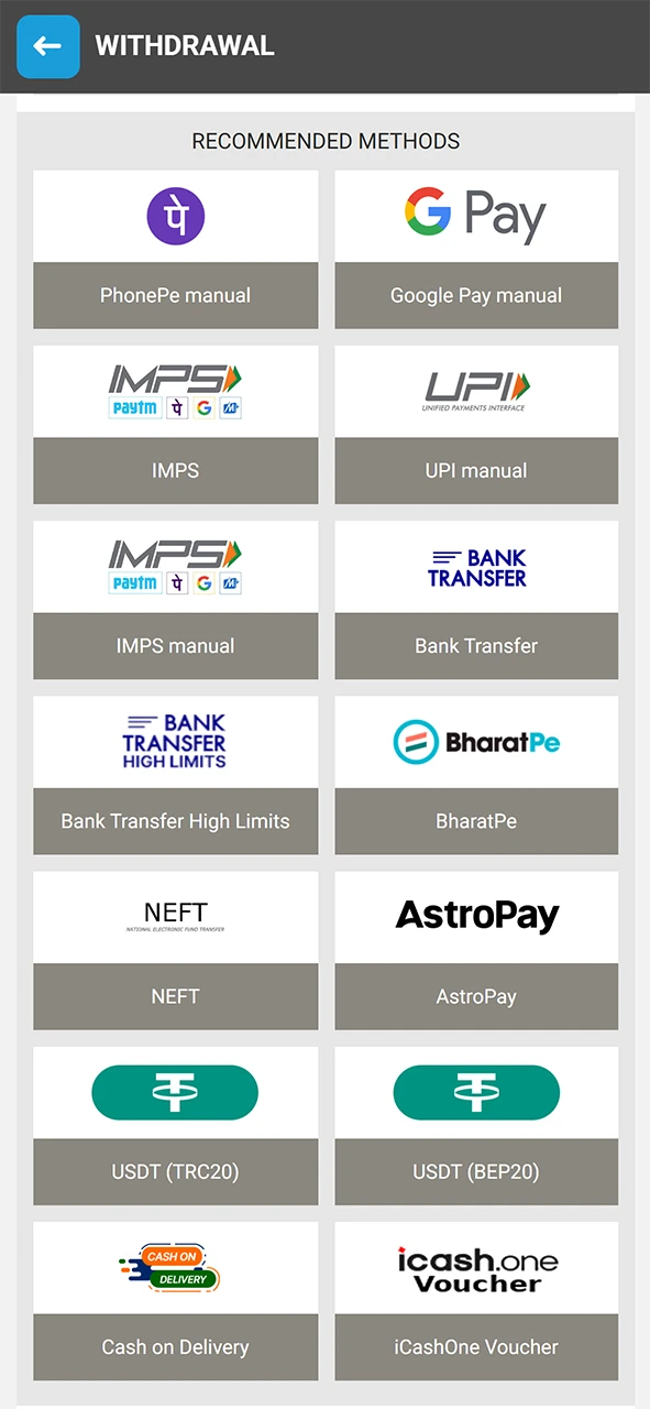 Pick your preferred withdrawal method on Megapari.