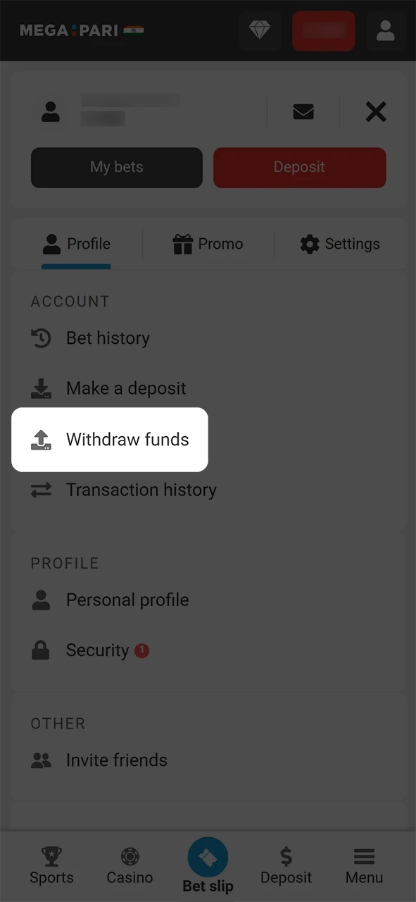 Click on the Megapari withdrawal button.