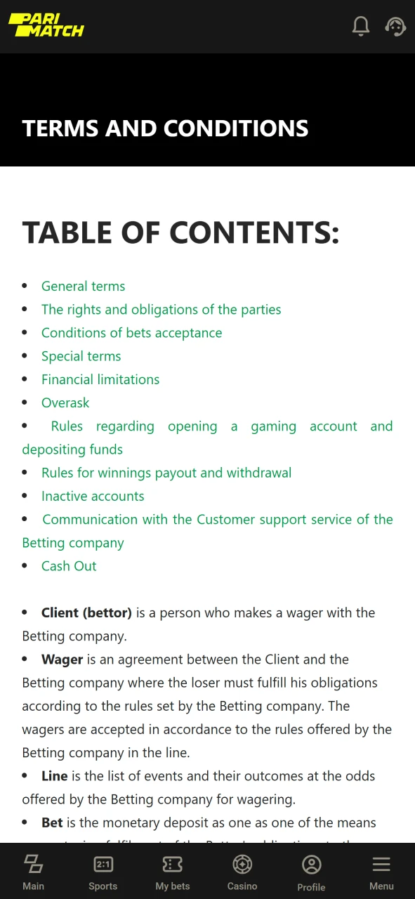 Check the Parimatch terms and conditions to get a bonus.