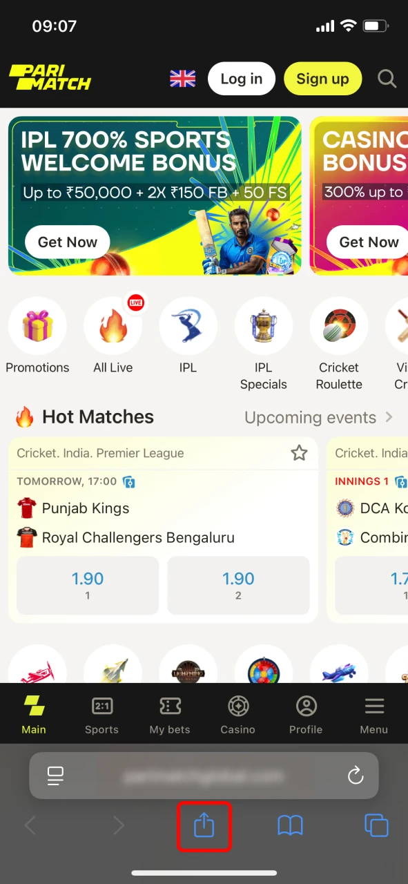 Tap the share icon to install the Parimatch app on iOS.