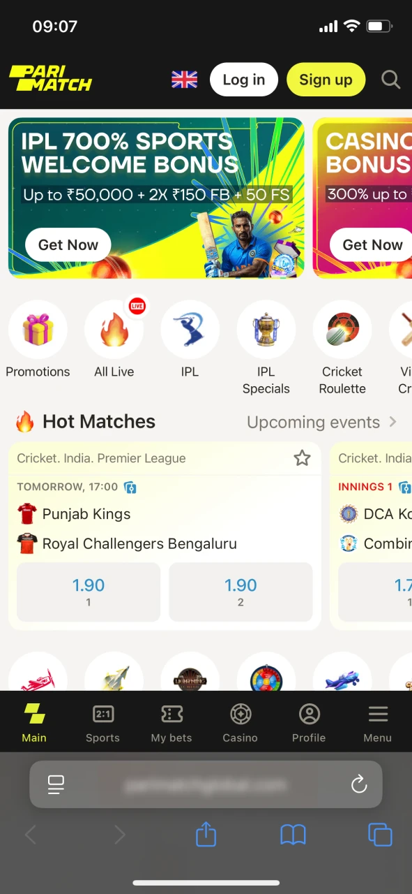 Visit the Parimatch website via iOS PWA in India.