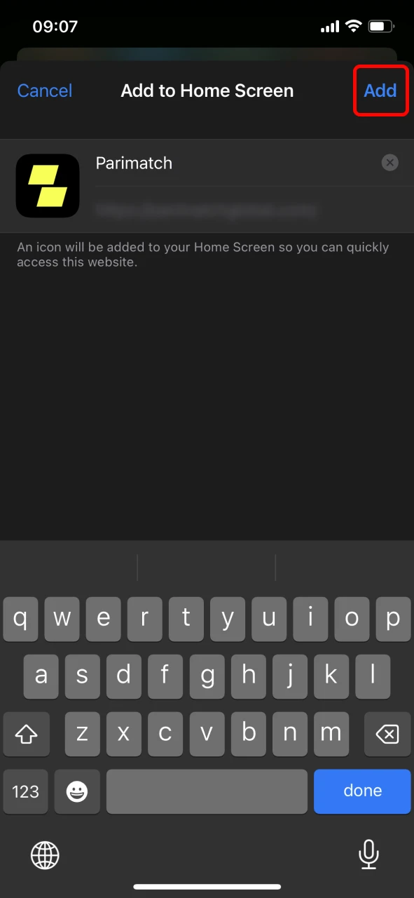 Tap Add to finish installing Parimatch PWA on iOS device.
