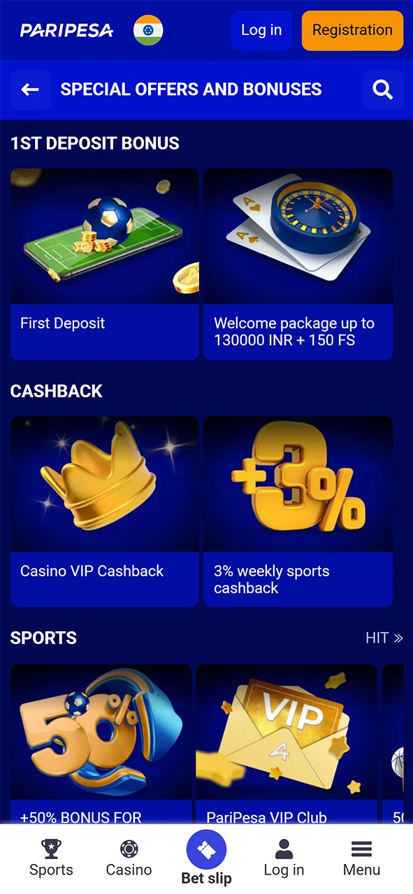 Bonus section of the Paripesa app.