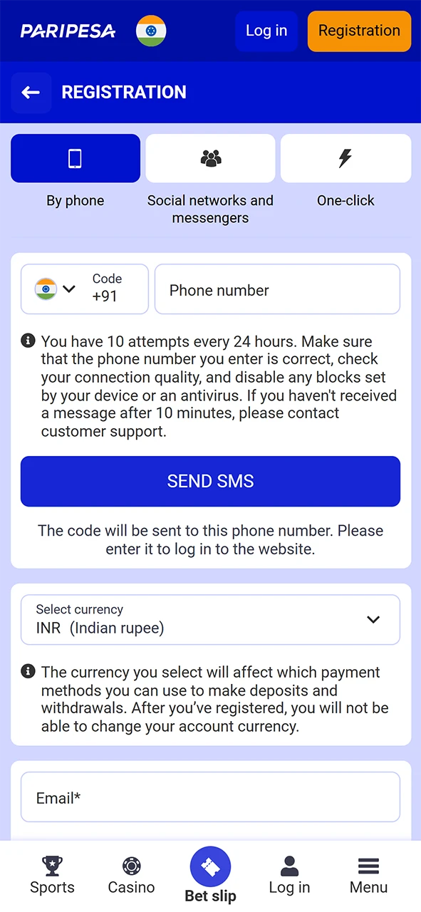 Registration in the Paripesa application.