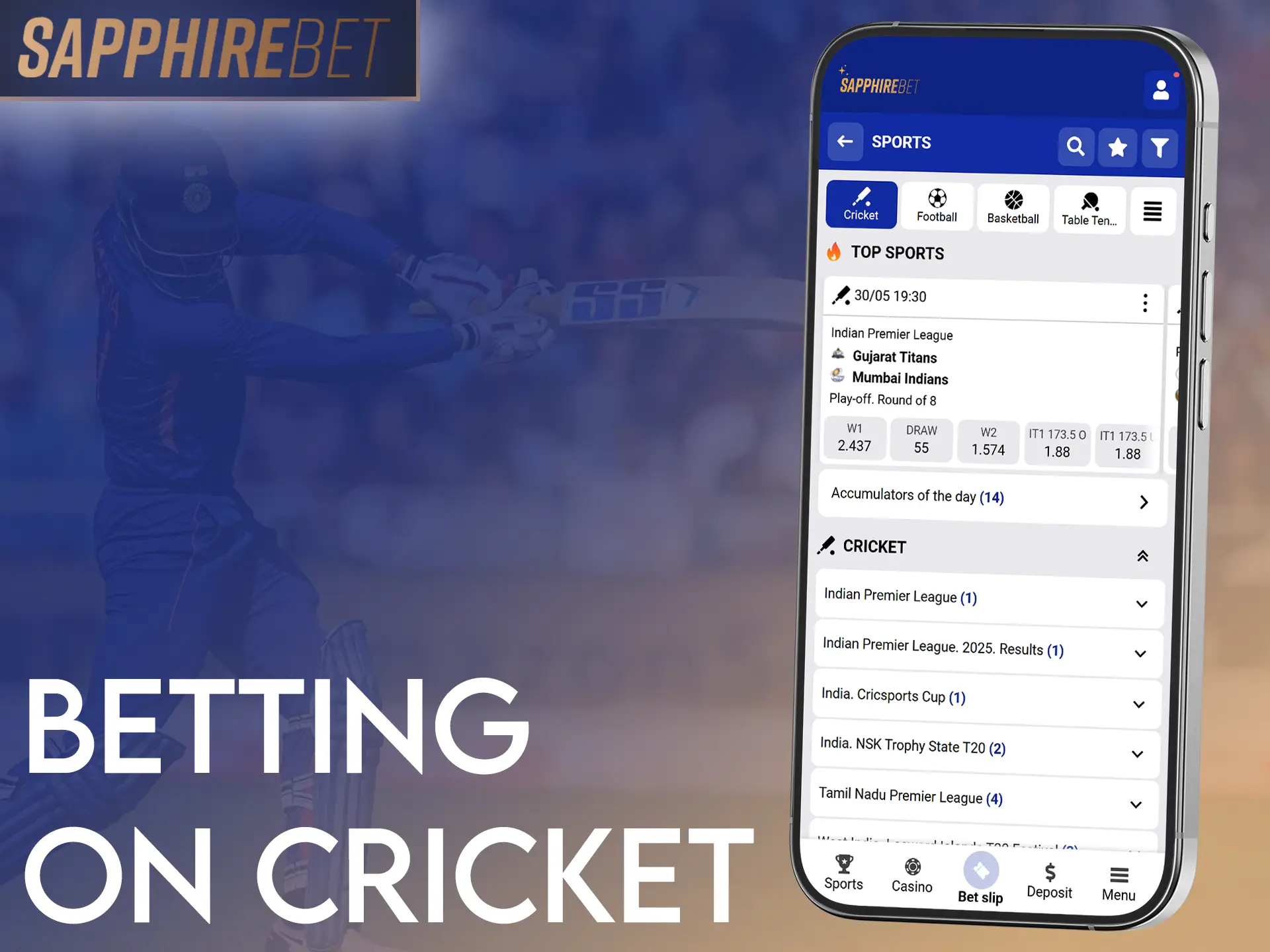 Bet on IPL, ICC World Cup & more cricket events with SapphireBet app.