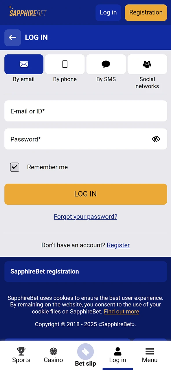 Sign in to your SapphireBet account.