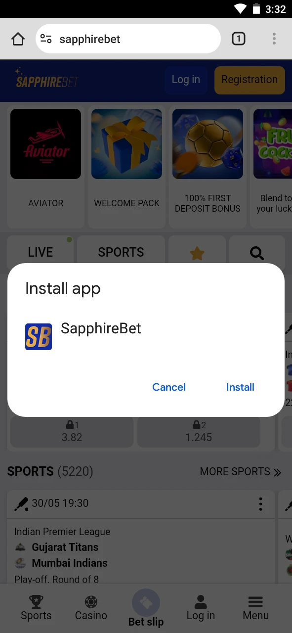 Confirm the installation of the SapphireBet PWA.