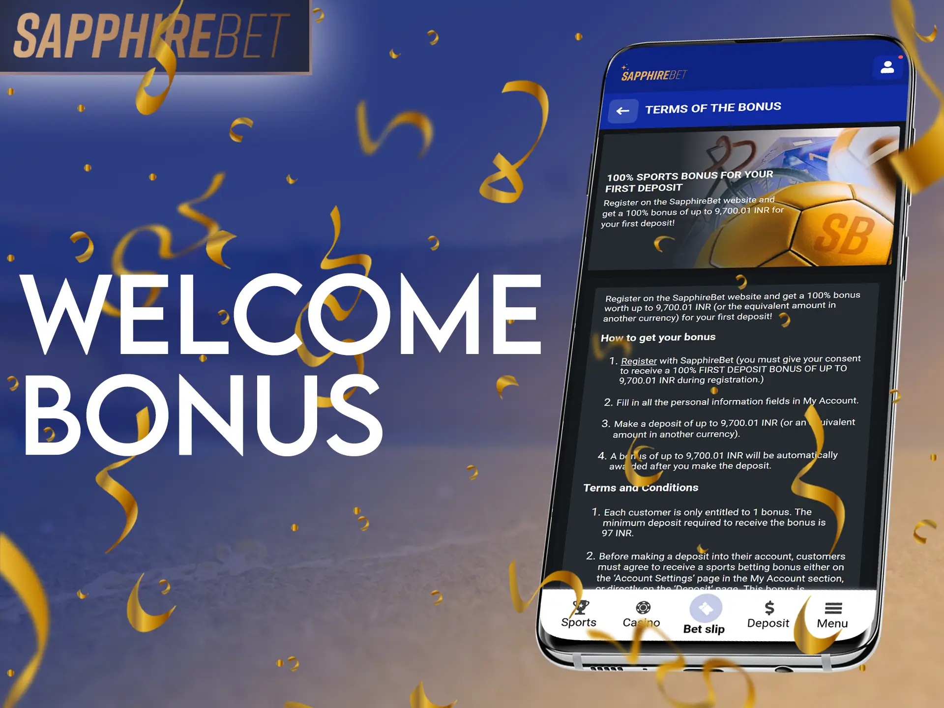 Get SapphireBet's welcome bonus on your first deposit.