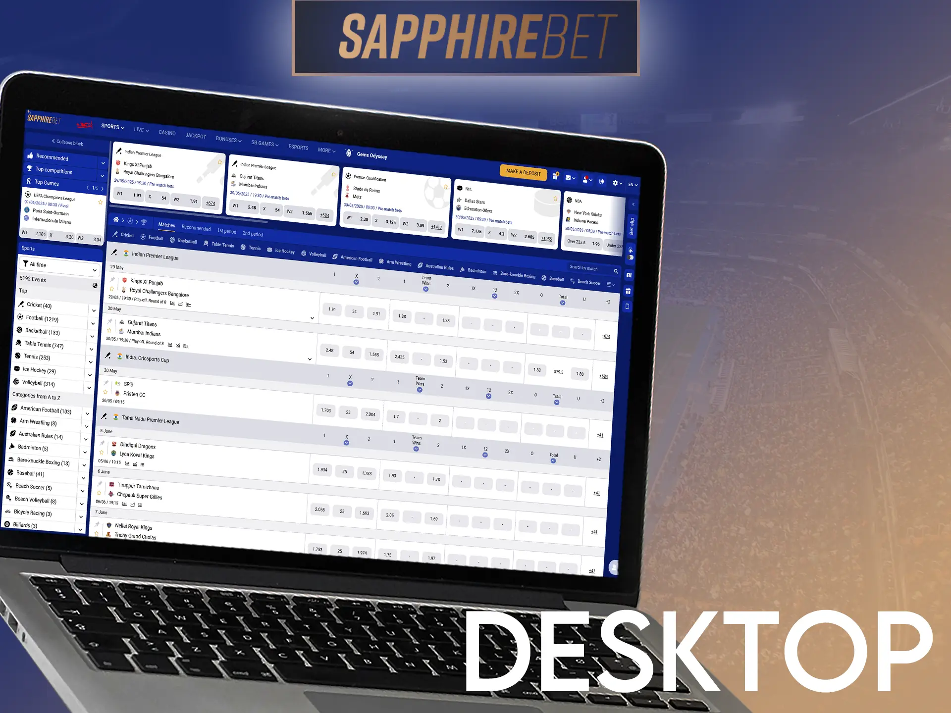 Desktop betters enjoy full features on SapphireBet's platform.