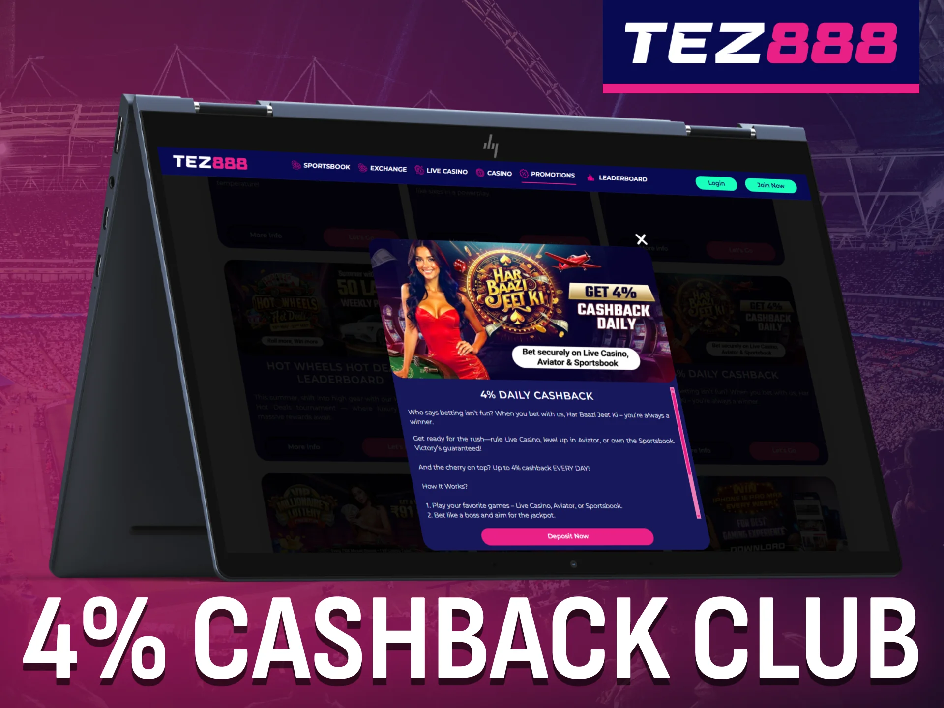 Tez888's 4% Cashback Club rewards regular Indian players.