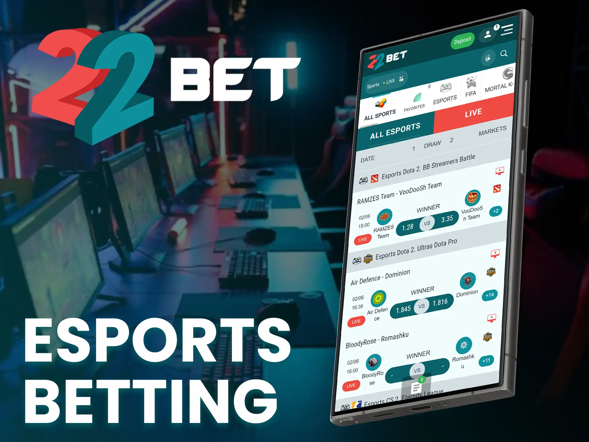 The 22Bet app offers a wide range of esports games to bet on.