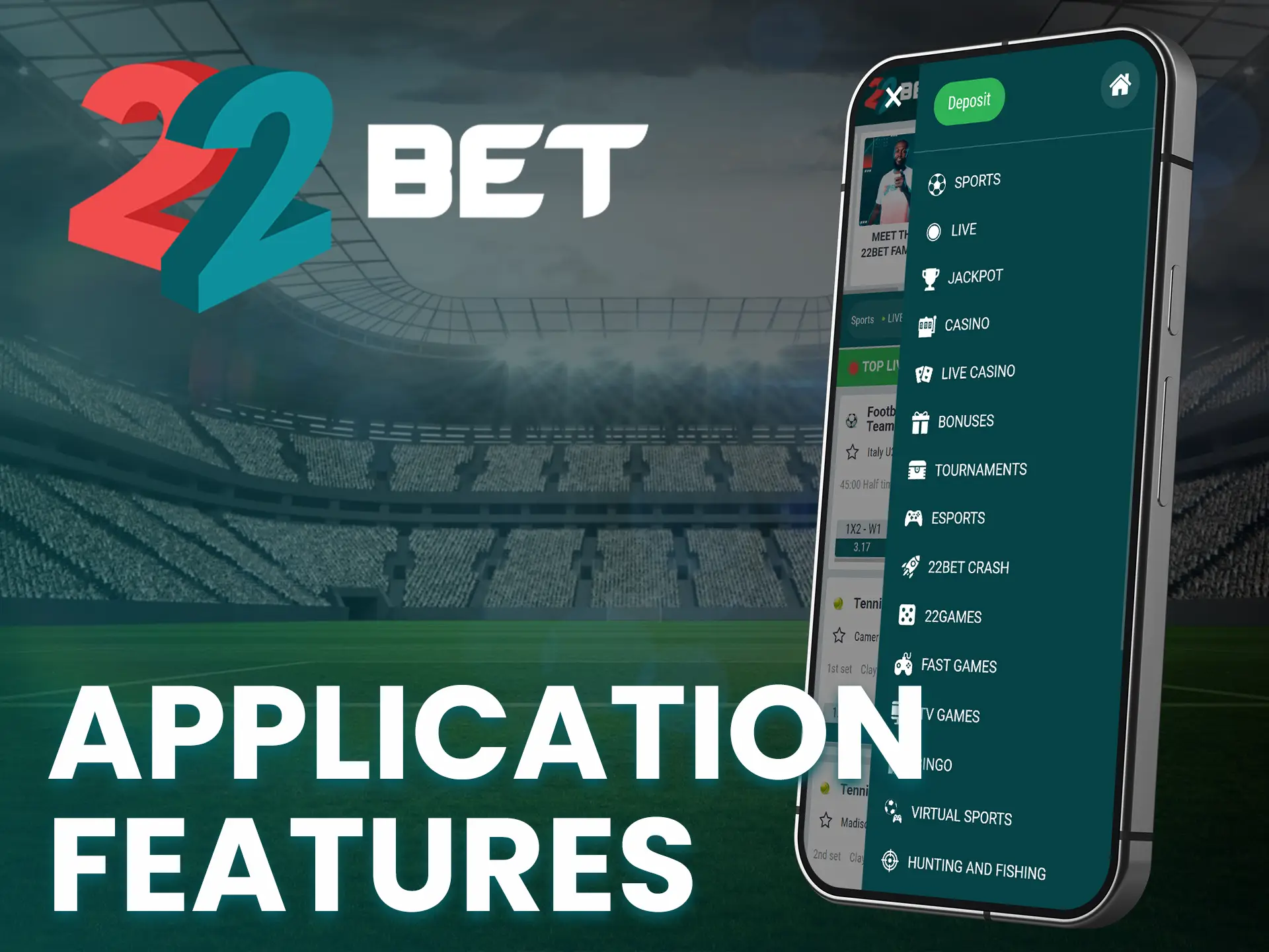 22Bet's app features live betting, quick payouts and sports variety.