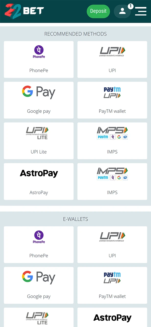 Pick withdrawal method on 22Bet.