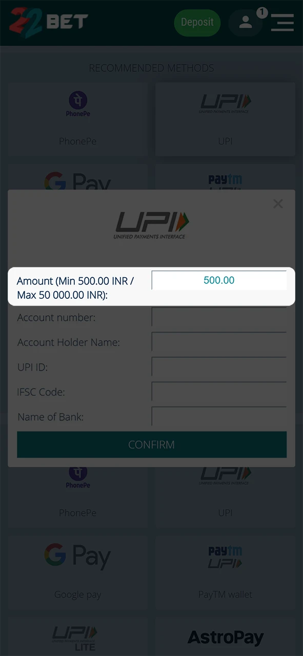 Enter the amount you would like to withdraw from 22Bet.