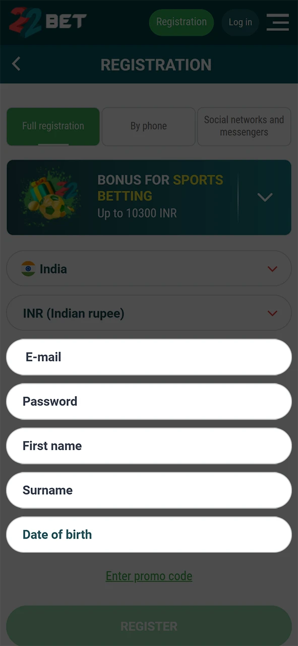 Enter the information required to create a 22Bet account.