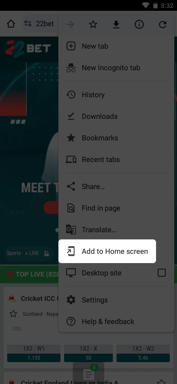 Click the button to add the 22Bet shortcut to your home screen.