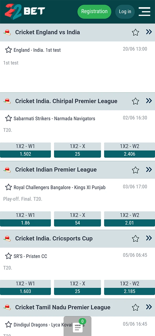 22Bet cricket betting section.
