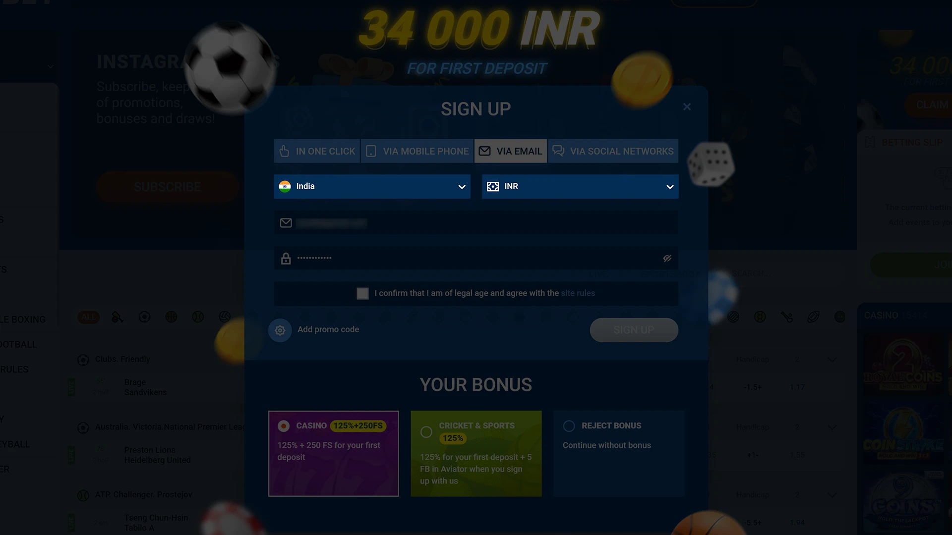 Specify the country and currency of your Mostbet account.