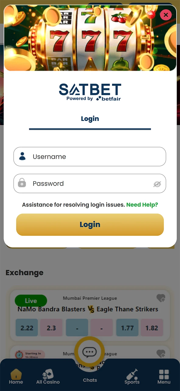 Sign in to your Satbet account.