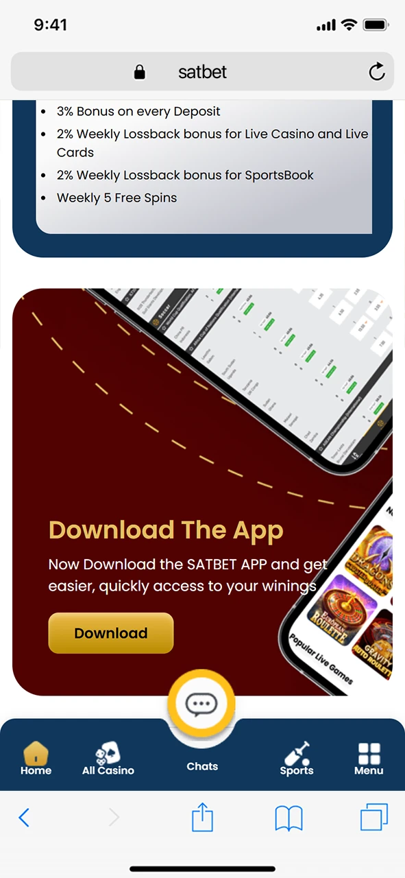 Find the Satbet mobile app section.