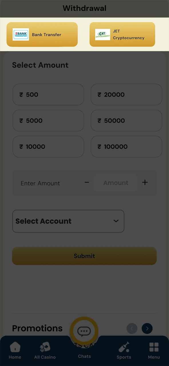 Indicate how you would like to withdraw your Satbet funds.