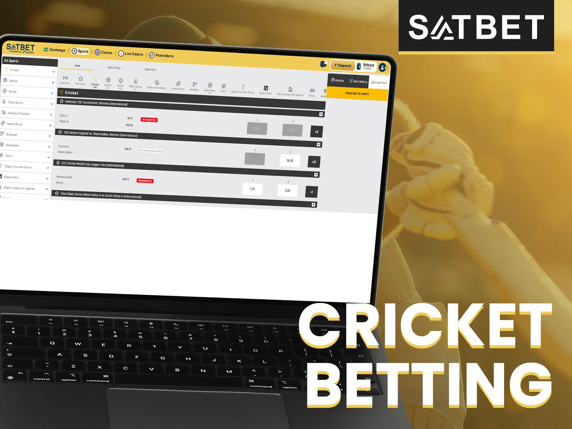 Satbet offers extensive cricket betting, including IPL, World Cups, and international matches.