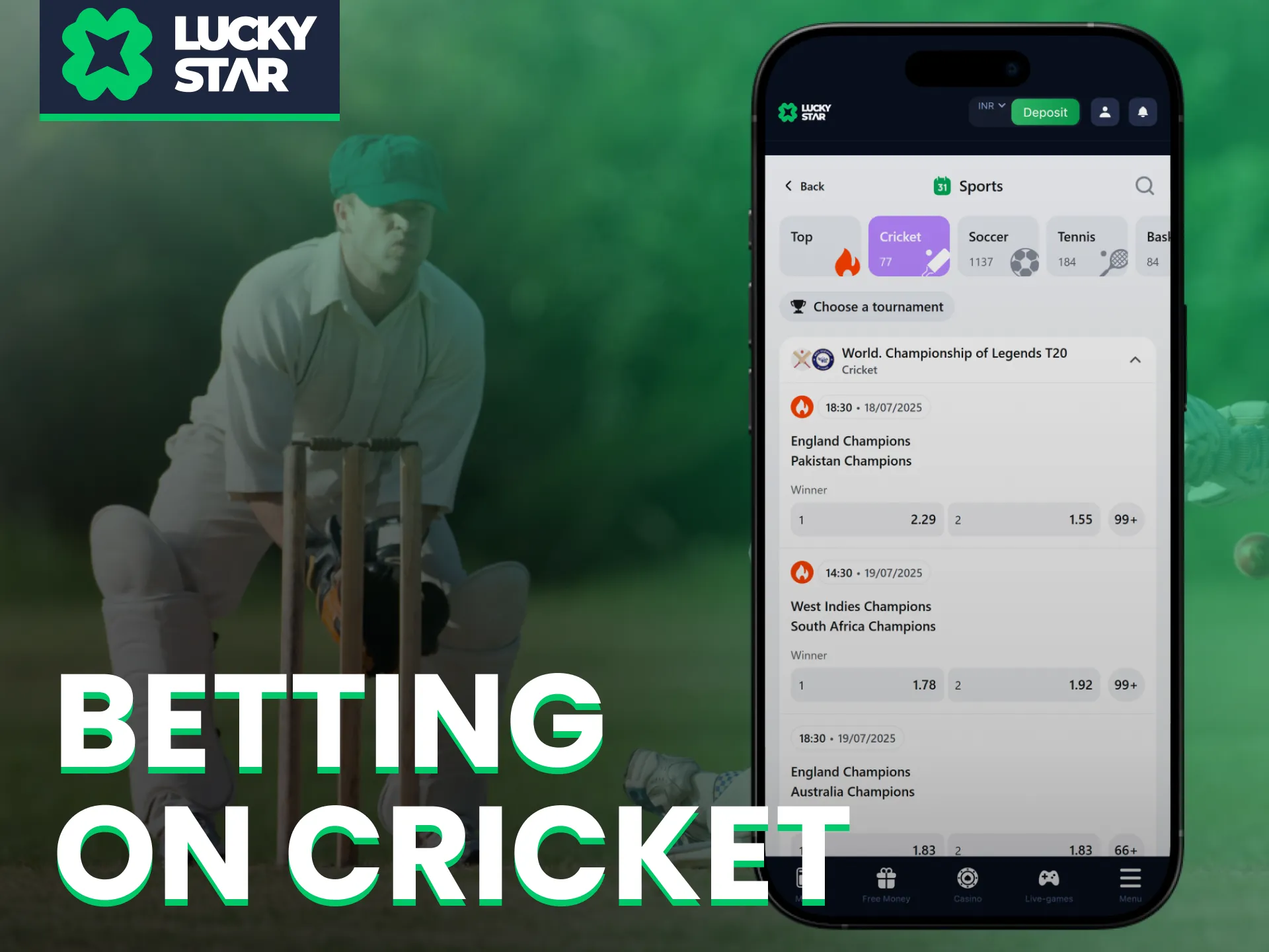 Bet on Indian cricket matches using the Lucky Star sports betting app.