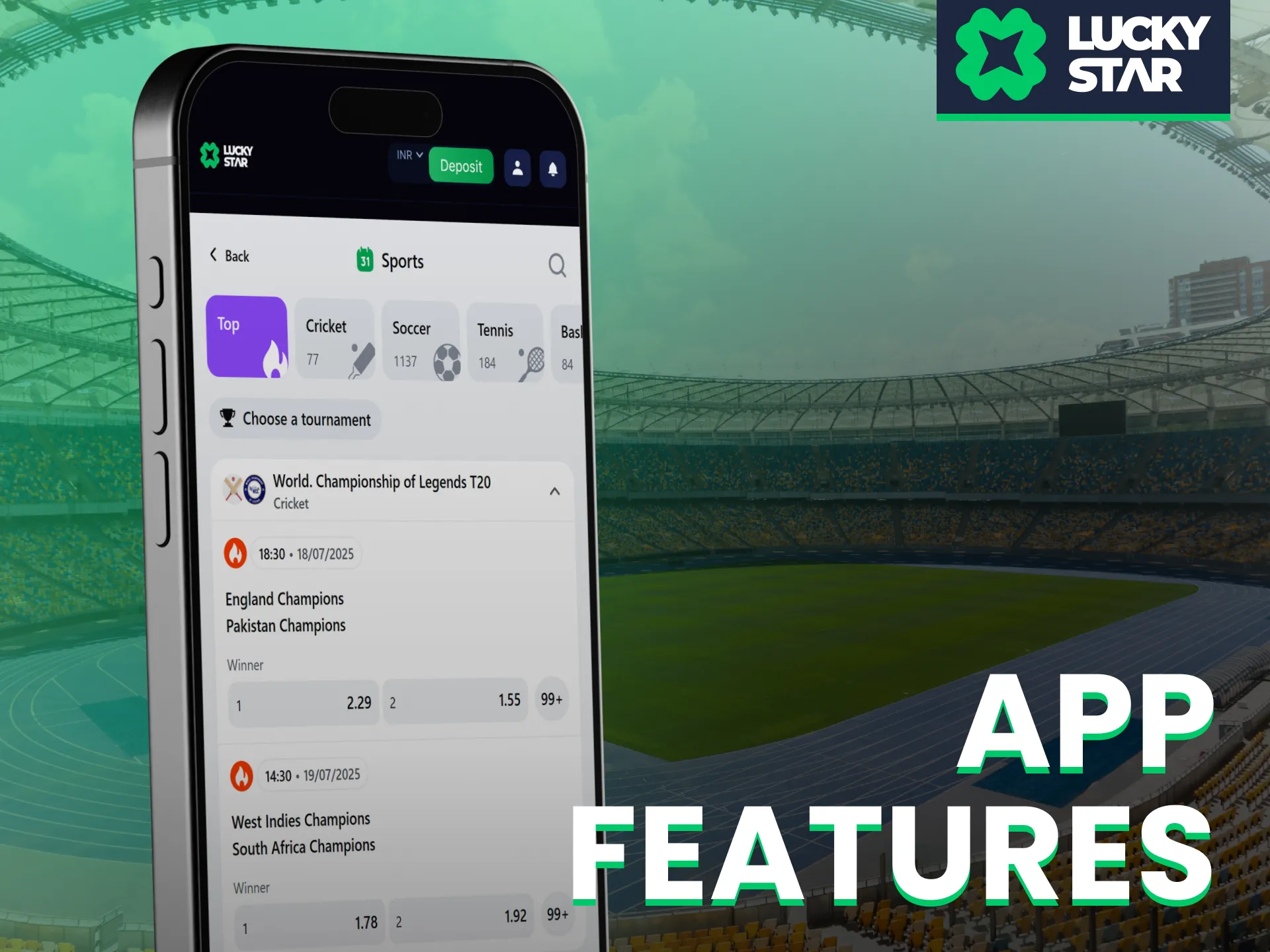 App features in Lucky Star include live bets, bonus access, and secure login.