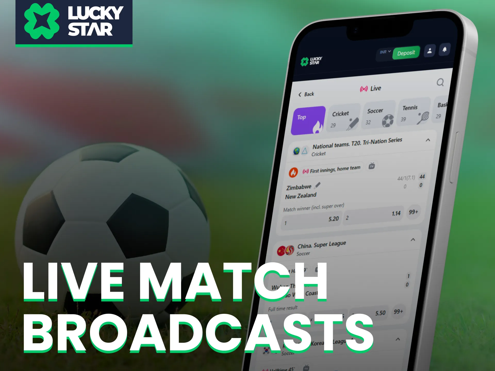 Watch live sports broadcasts directly within the Lucky Star mobile app.